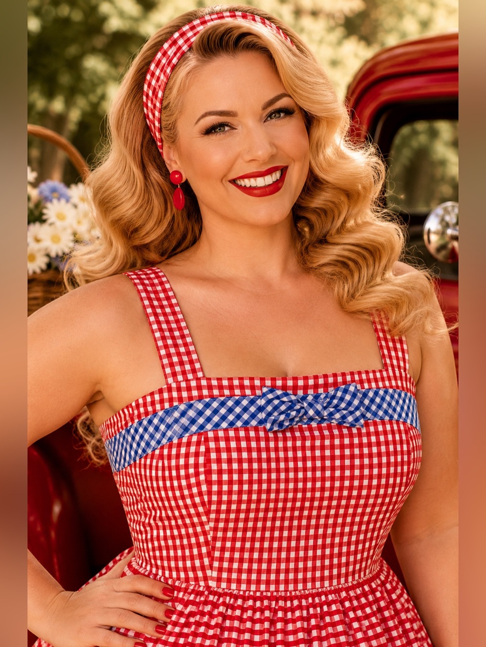 Unique Vintage 1960s Movie Date Red & Blue Gingham Swing Dress, XL, NWT! - Picture 5 of 16
